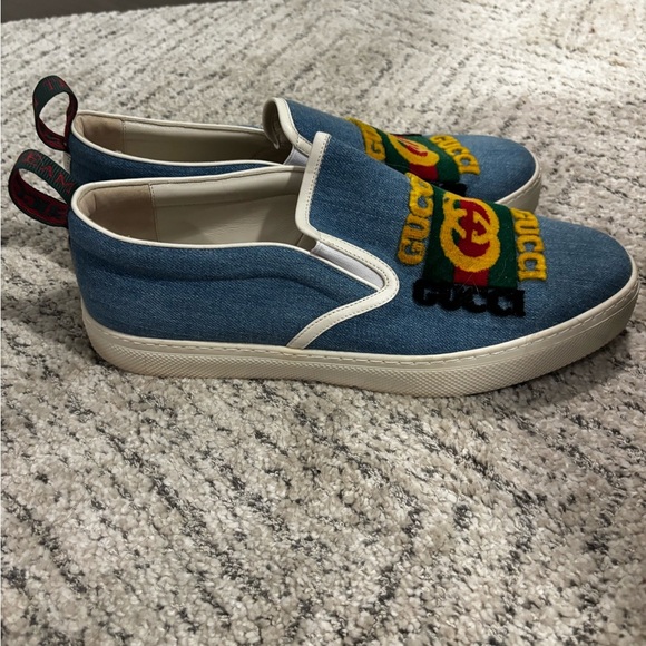 Gucci Blue Denim Slip-On Shoes with Logo - Picture 2 of 3